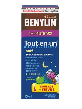  Sirop BENYLIN® pour enfants Tout‑en‑un® RHUME ET FIÈVRE NUIT, 100ؘ ml. Soulage : Fièvre, écoulement nasal, toux sèche, éternuements, mal de gorge, douleurs et courbatures.