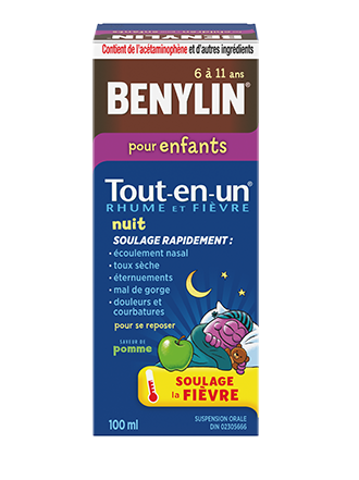  Sirop BENYLIN® pour enfants Tout‑en‑un® RHUME ET FIÈVRE NUIT, 100ؘ ml. Soulage : Fièvre, écoulement nasal, toux sèche, éternuements, mal de gorge, douleurs et courbatures.