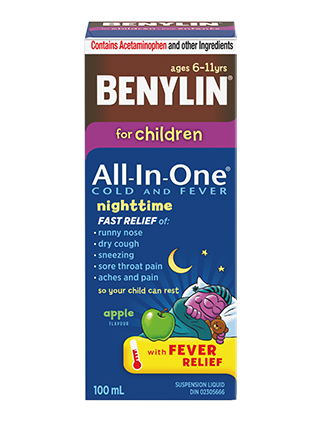  BENYLIN® For Children All‑In‑One® COLD AND FEVER NIGHTTIME Syrup, 100ml. For relief of: Fever, runny nose, dry cough, sneezing, sore throat pain, aches & pains