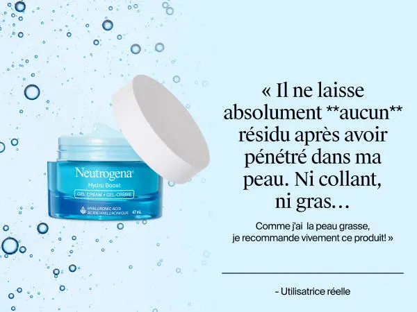 Photo de face du gel-crème Neutrogena Hydro Boost avec le couvercle ouvert, montrant le produit à l’intérieur à côté d’un avis client