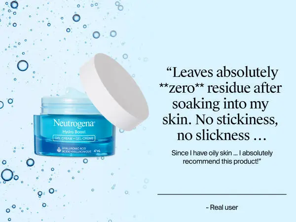 Front shot of Neutrogena Hydro Boost Gel Cream with open lid, showing the product inside next to a customer review