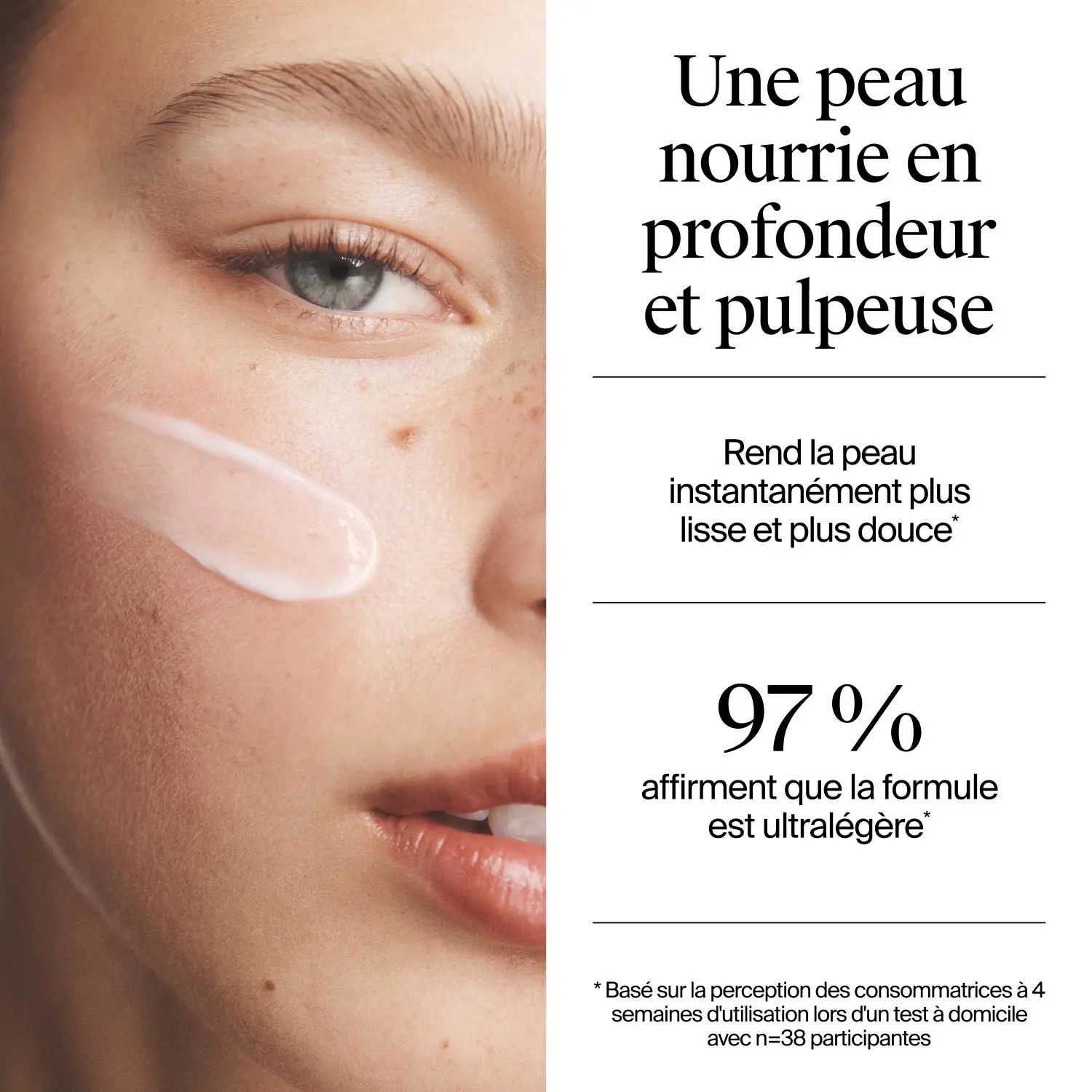 Gros plan sur le visage d’une jeune femme avec une trace de gel-crème Neutrogena Hydro Boost 