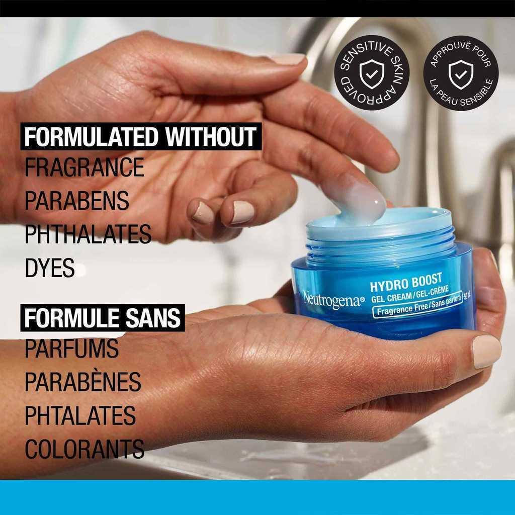 Image montrant une main qui tient le pot de gel-crème sans parfum NEUTROGENA® Hydro Boost et une autre main avec le produit sur le bout du doigt. 