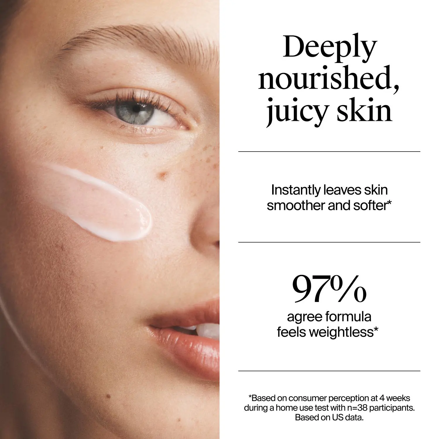 Close-up of a young woman’s face with a smear of Neutrogena Hydro Boost Gel Cream 