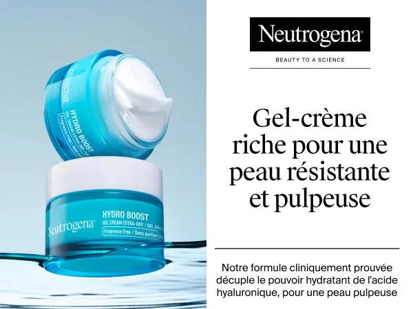 Deux pots de gel-crème Hydro Boost de Neutrogena pour les peaux très sèches, dont un ouvert pour en révéler le produit