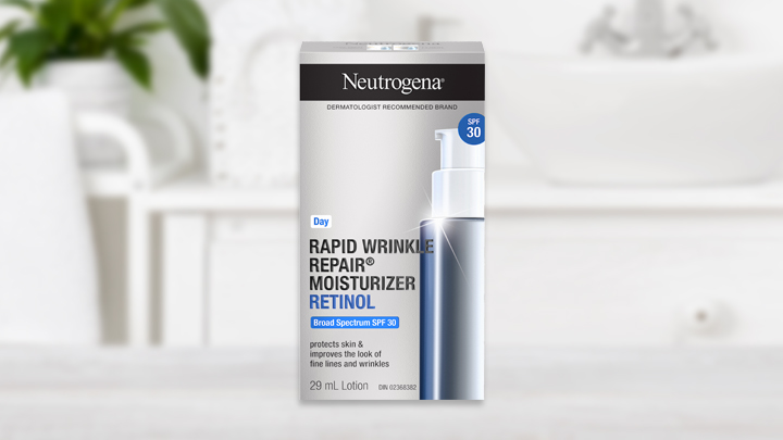 Banner including a package of NEUTROGENA® RAPID WRINKLE REPAIR® Moisturizer with SPF 30 for daytime, 29mL