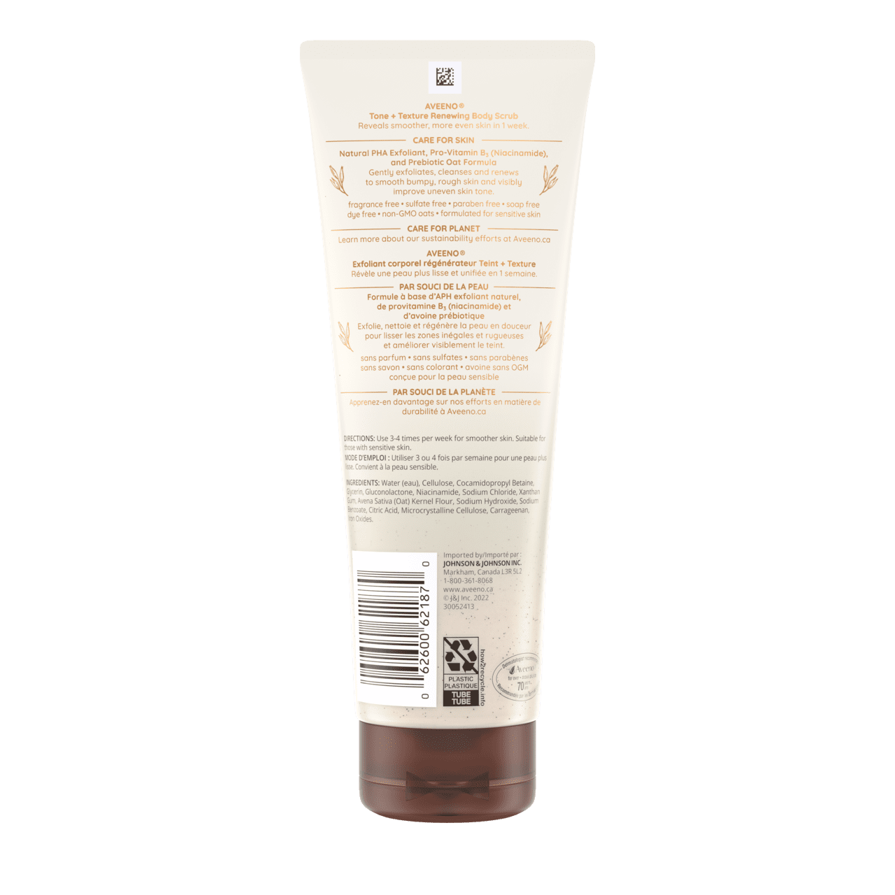 Arrière du tube de 227 g de l’exfoliant corporel régénérateur Teint + Texture Aveeno®