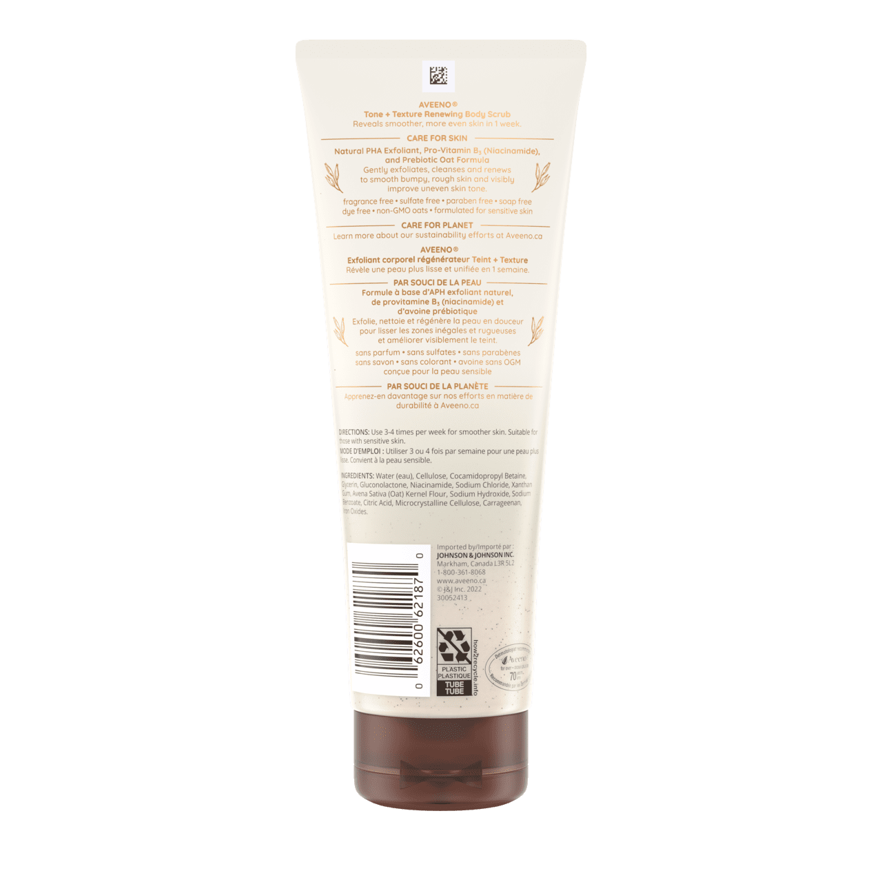 Arrière du tube de 227 g de l’exfoliant corporel régénérateur Teint + Texture Aveeno®