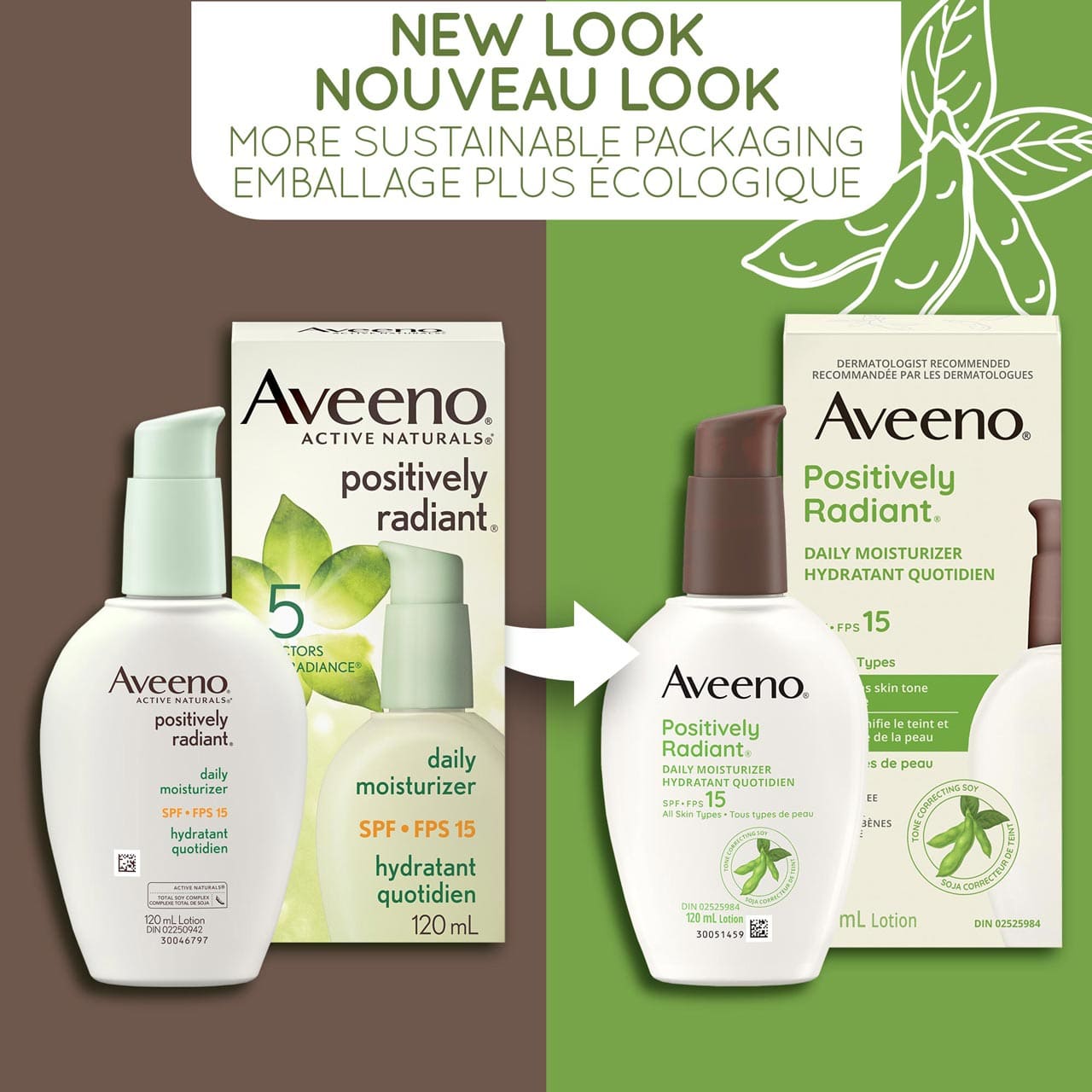 Un ancien et un nouveau flacon-pompe de 120 ml de l’hydratant quotidien Aveeno Positively Radiant avec FPS 15, avec la mention : « Nouveau look, flacon plus écologique »