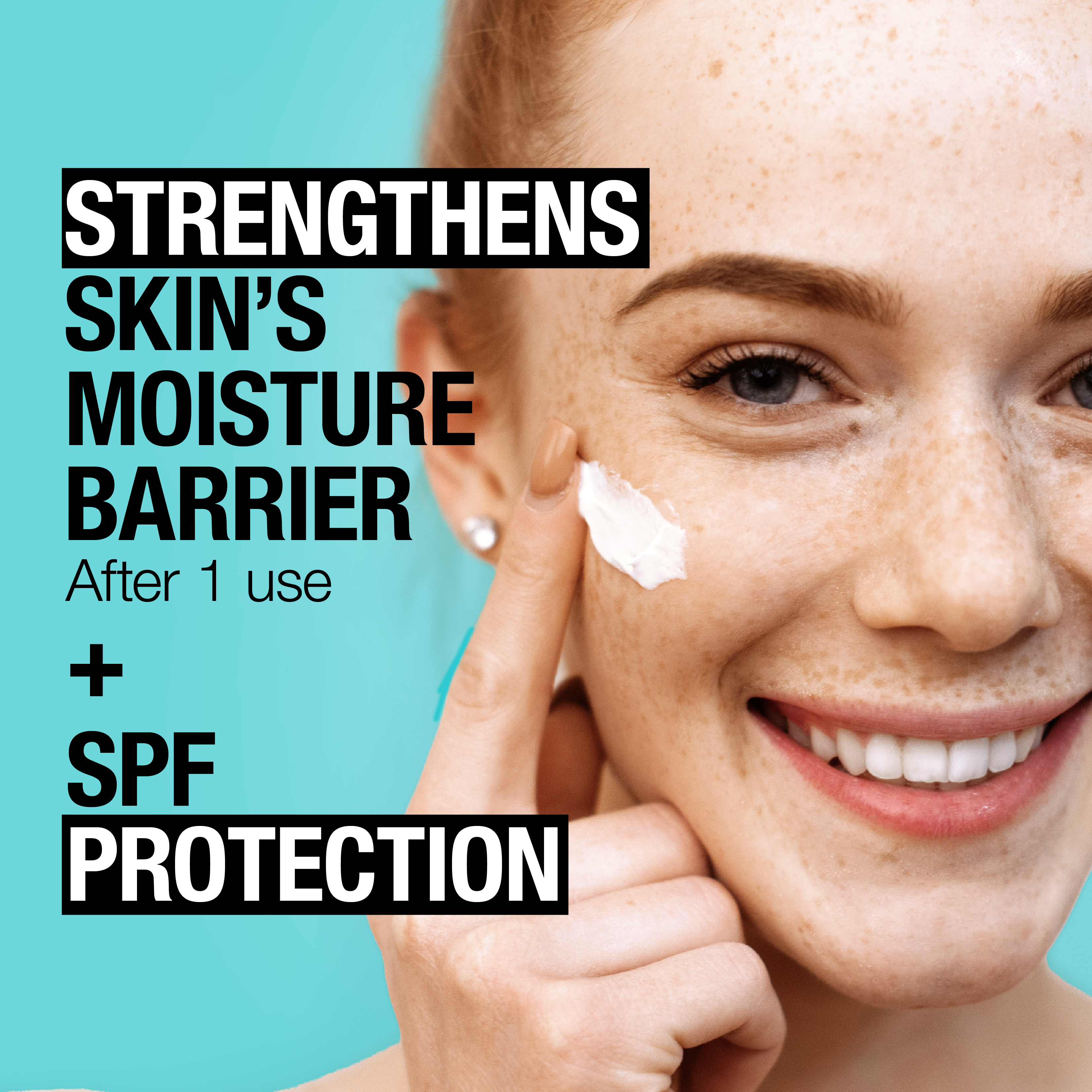 Young woman applying Neutrogena® Ultra Gentle Moisturizer SPF 30 on her face and smiling