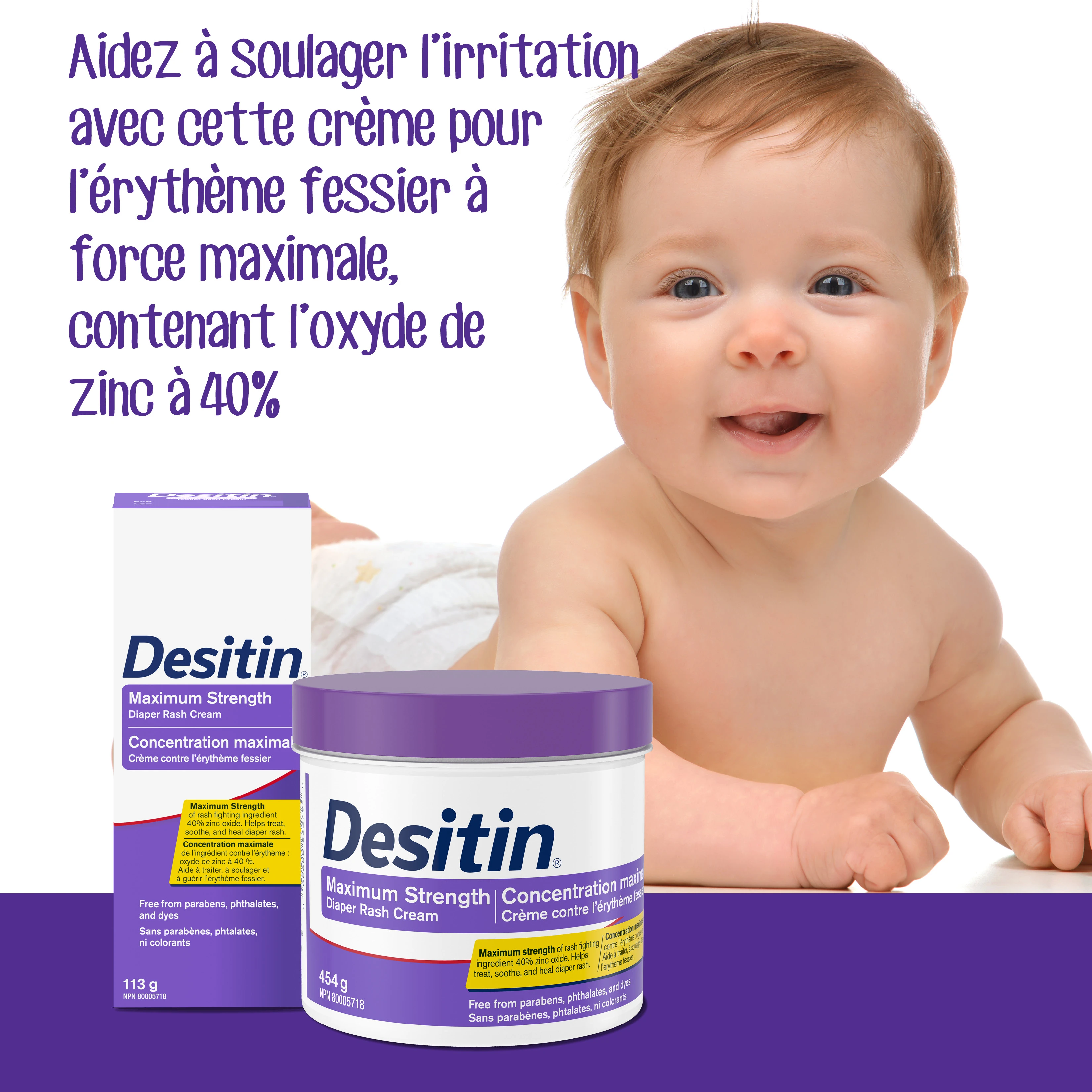 Photo de face de la crème contre l’érythème fessier Concentration maximale de Desitin®, bocal de 454 g​