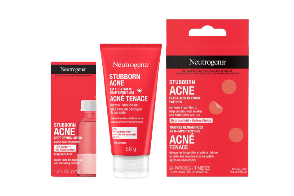 Front shot of NEUTROGENA® Stubborn Acne Spot Drying Lotion 29mL, AM Treatment Benzoyl Peroxide Gel 56g, and Ultra-Thin Blemish Patches 24 count