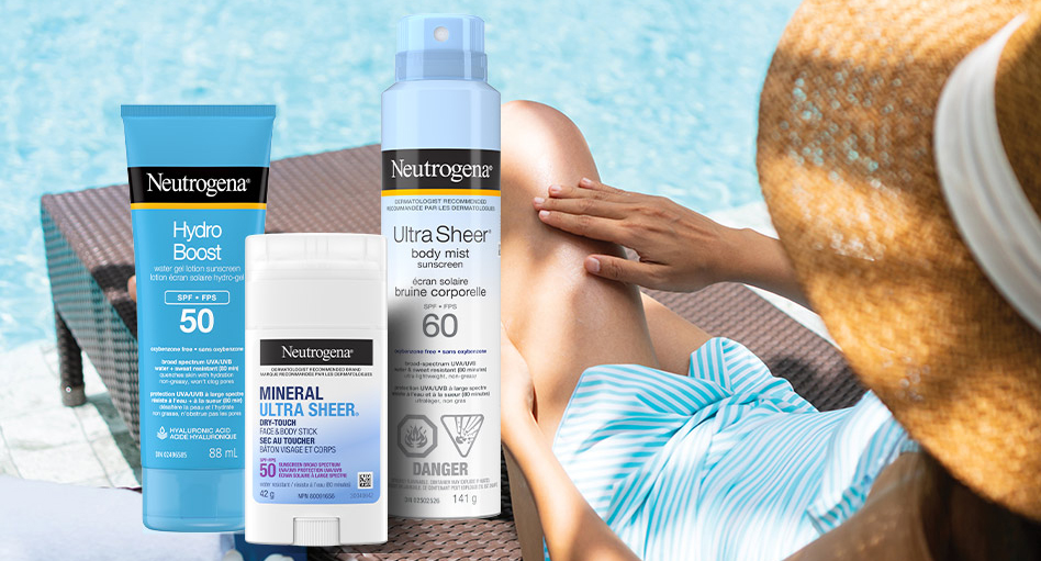 Banner including Neutrogena® Hydro Boost sunscreen SPF 50, Mineral ULTRA SHEER® Dry-Touch Sunscreen Stick SPF 50 and ULTRA SHEER® Body Mist Sunscreen SPF 60 products