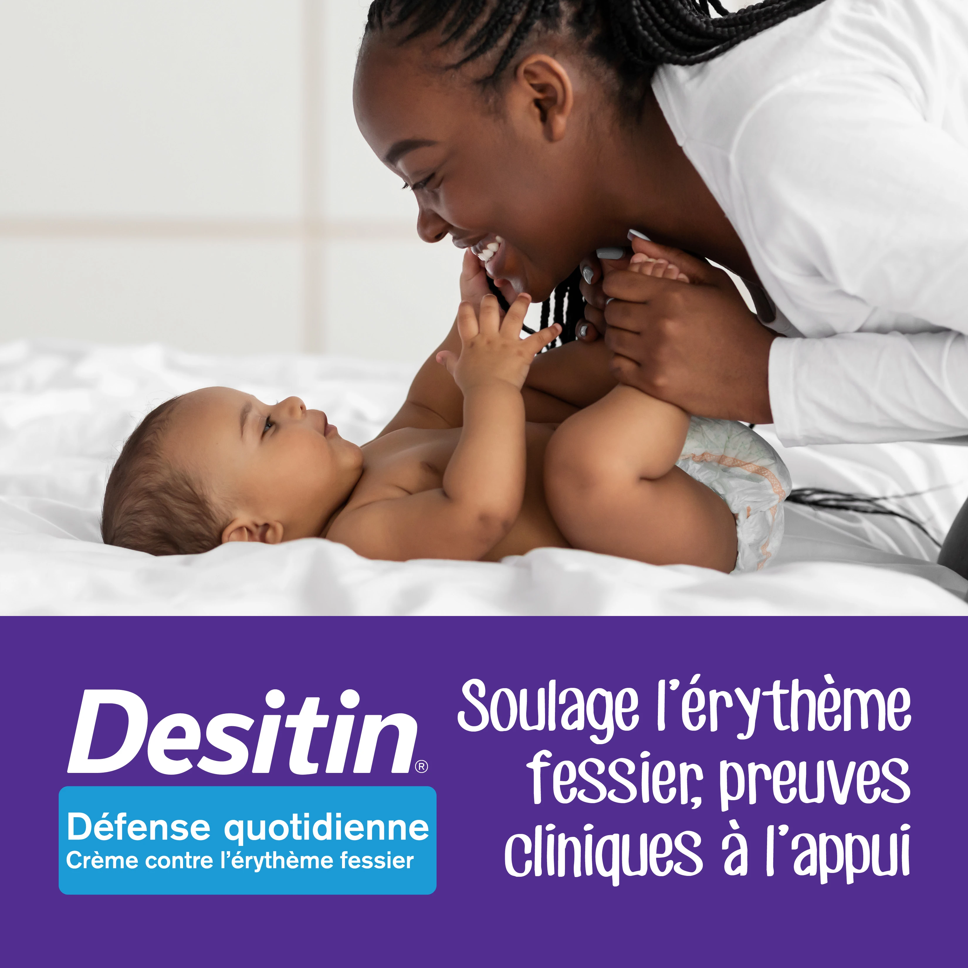 Photo de face du tube comprimable de crème contre l’érythème fessier Défense quotidienne de Desitin® de 113 g et de son emballage