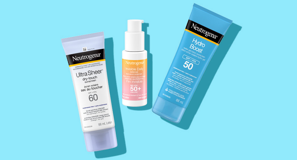 Bannière illustrant l’écran solaire Neutrogena® ULTRA SHEER® Sec au toucher, FPS 60; le sérum écran solaire pour le visage Neutrogena® Défense quotidienne Fini invisible, FPS 50+; et la lotion écran solaire hydro-gel Neutrogena® Hydro Boost, FPS 50.