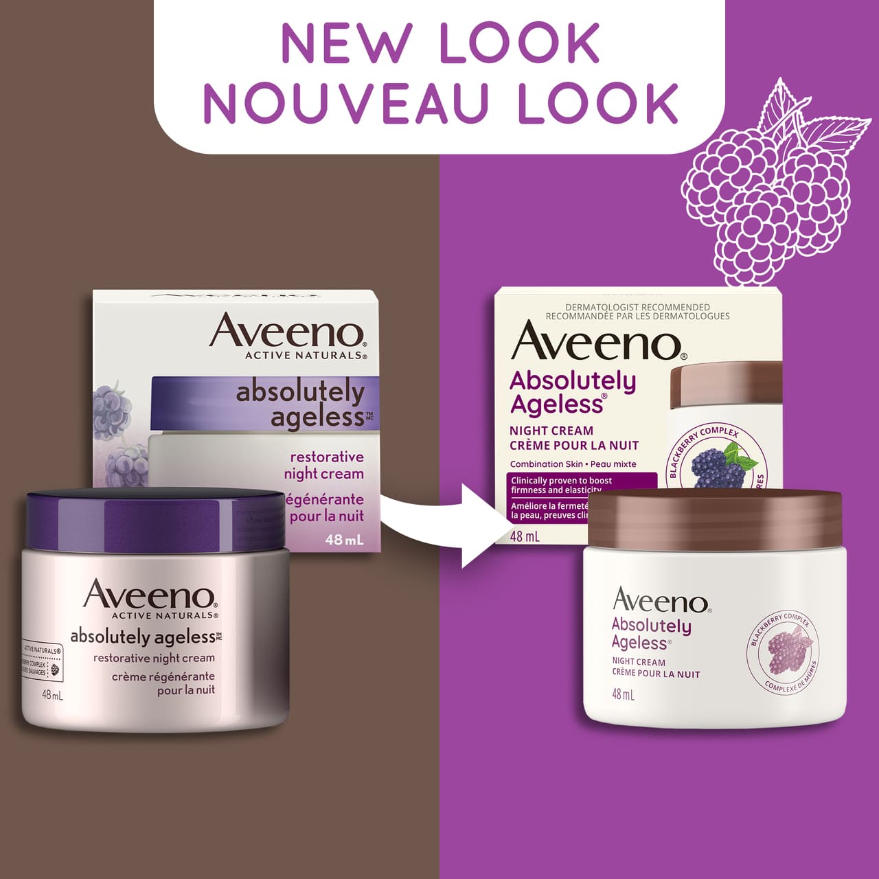 Ancien et nouvel emballage du pot de 48 ml de la crème pour la nuit AVEENO® Absolutely Ageless, avec la mention "nouveau look"