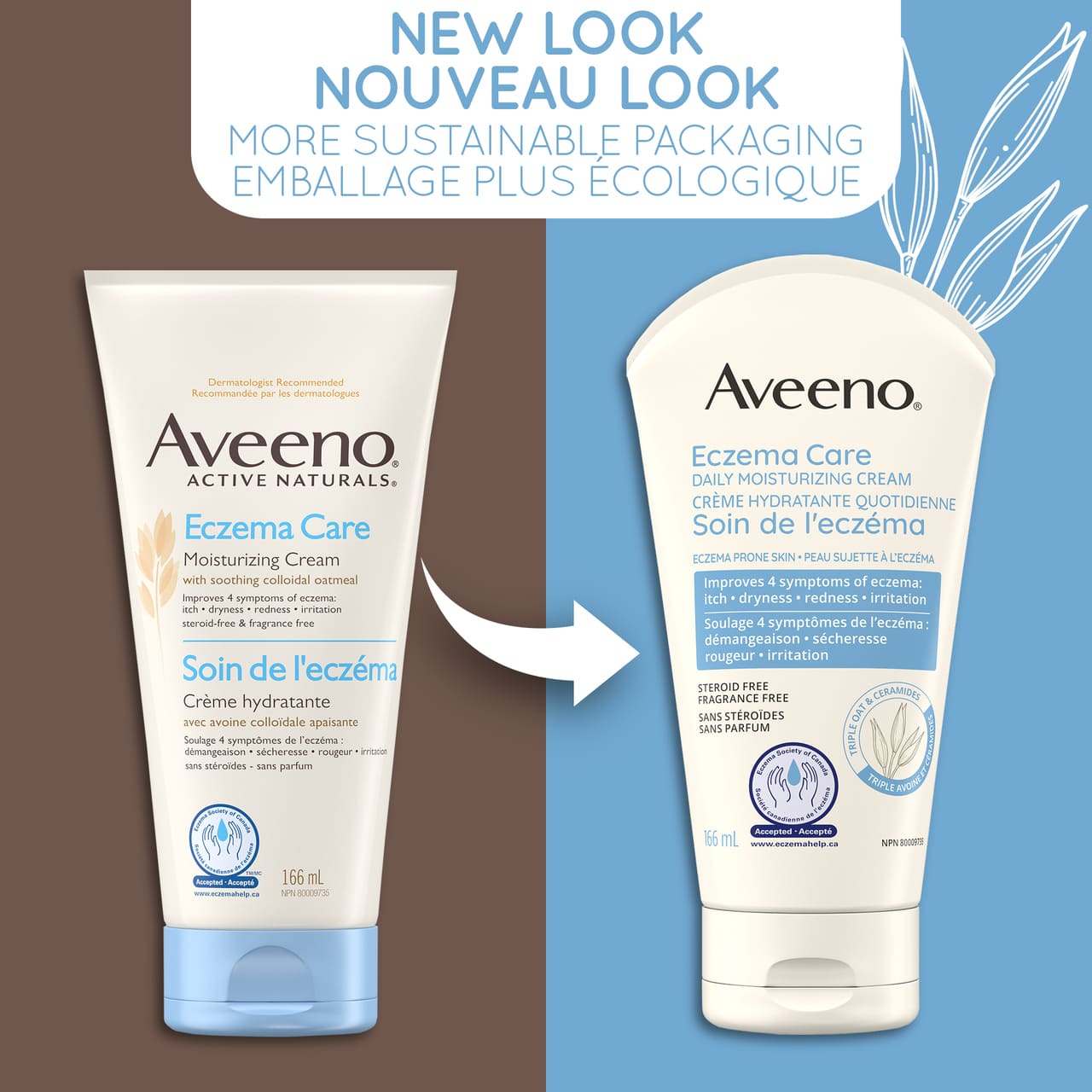 Ancien et nouvel emballage du tube de 166 ml de la crème hydratante AVEENO® Soin de l'eczéma, avec la mention "nouveau look"