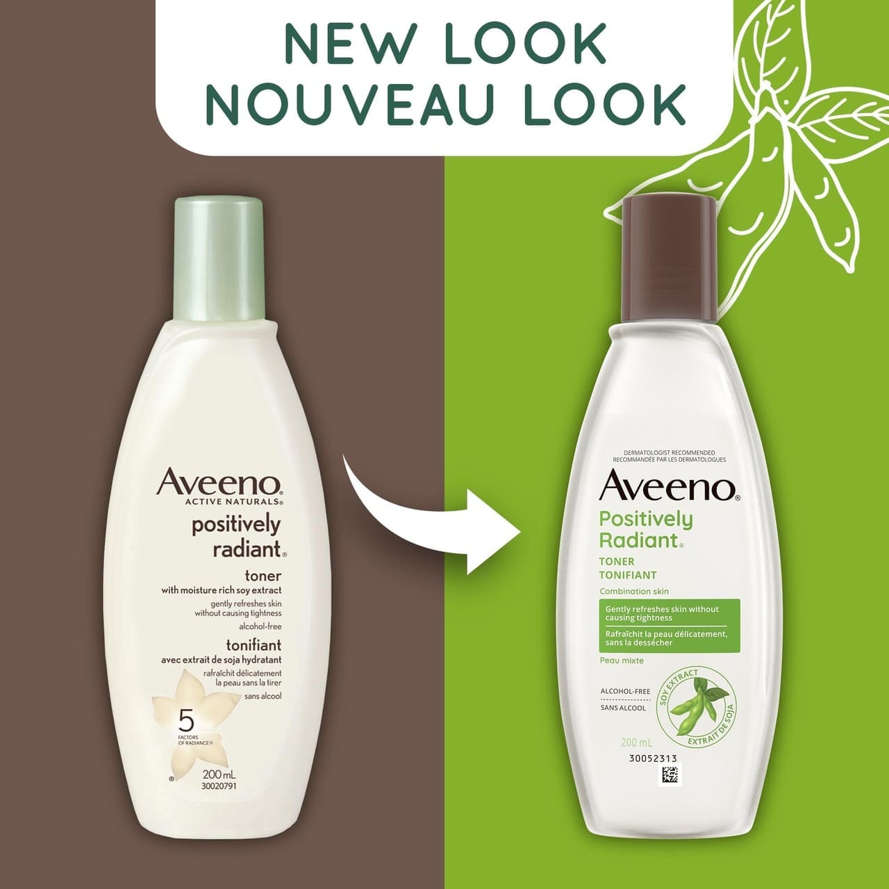 Ancien et nouvel emballage du flacon de 200 ml du tonifiant AVEENO® Positively Radiant, avec la mention "nouveau look"