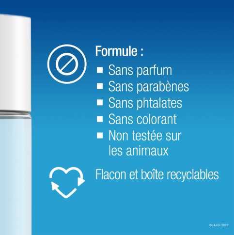 Texte disant «Formule sans parfum, sans parabènes, sans phtalates, sans colorants, non testée sur les animaux. Flacon et boîte recyclables.»