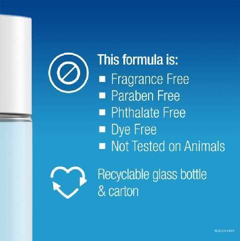 Text saying 'this formula is fragrance free, paraben fee, phthalate free, dye free and not tested on animals. Recyclable glass bottle'