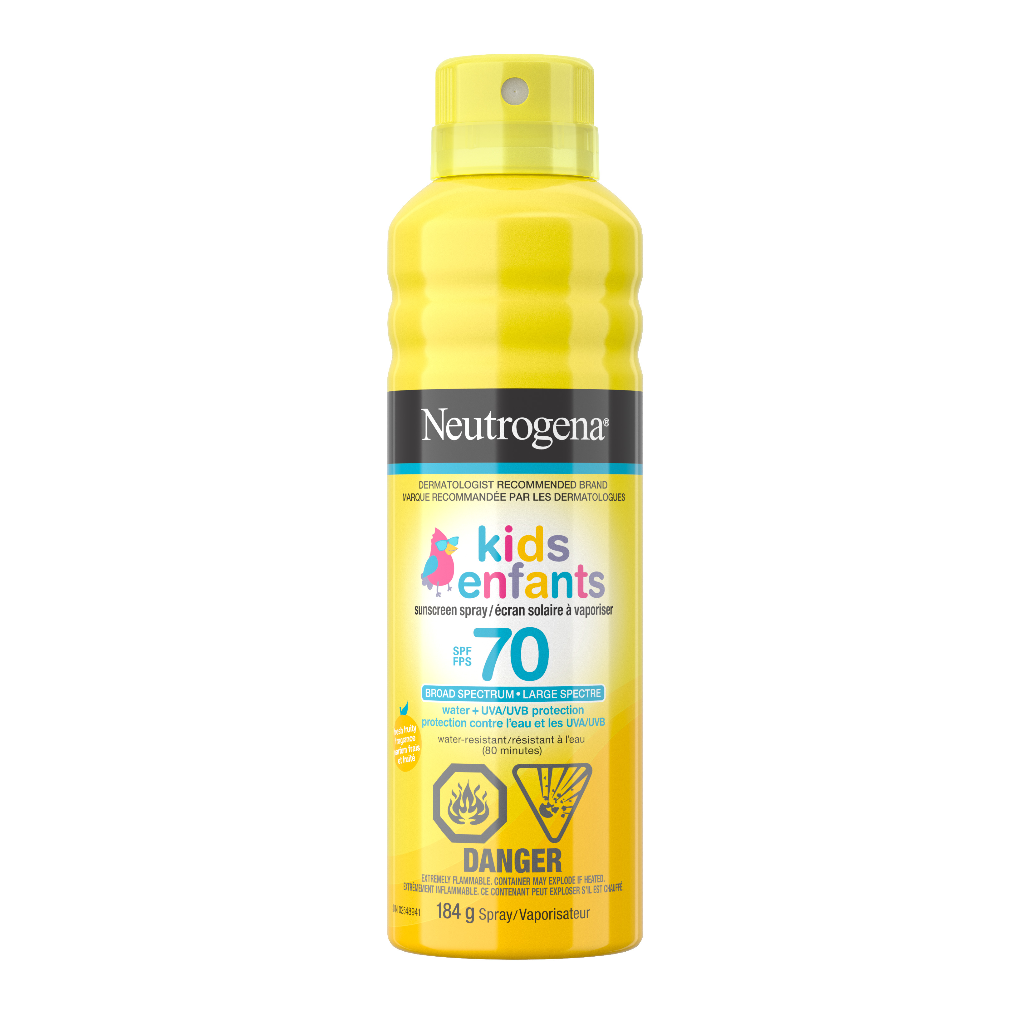  Front shot of NEUTROGENA® Kids Sunscreen Spray SPF 70, bottle 184g 