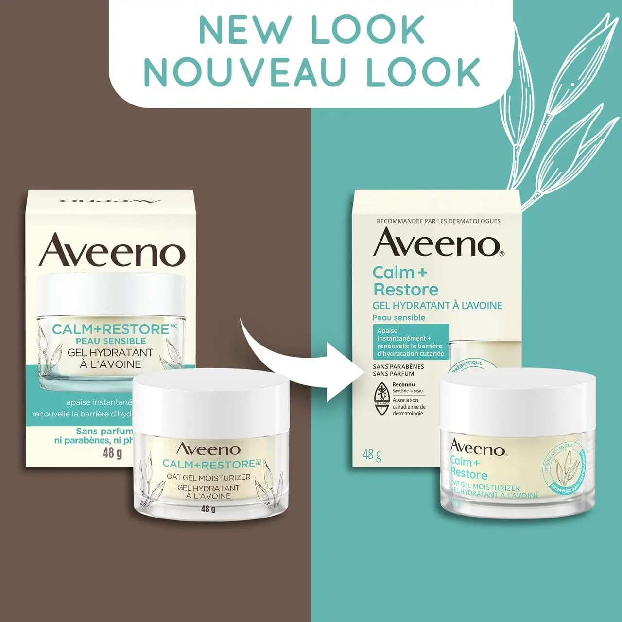 Ancien et nouvel emballage du pot de 48 g du gel hydratant à l'avoine AVEENO® Calm + Restore, avec la mention « Nouveau look »