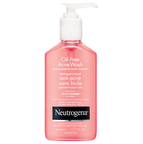 The front shot of NEUTROGENA® Oil-Free Acne Wash Pink Grapefruit Facial Cleanser, pump bottle, 177mL