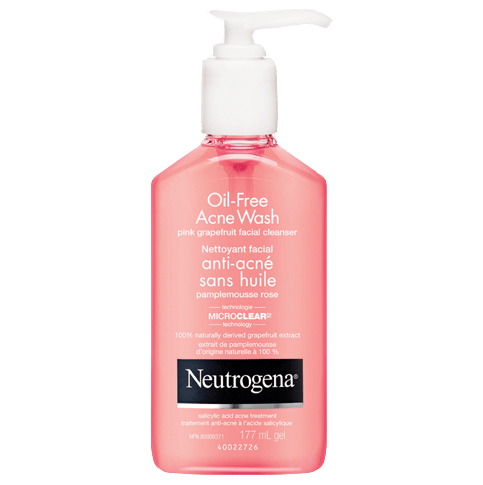 The front shot of NEUTROGENA® Oil-Free Acne Wash Pink Grapefruit Facial Cleanser, pump bottle, 177mL