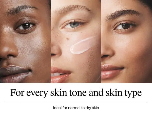 Close-up of three women’s faces with different skin tones, one with a smear of Neutrogena Hydro Boost moisturizer
