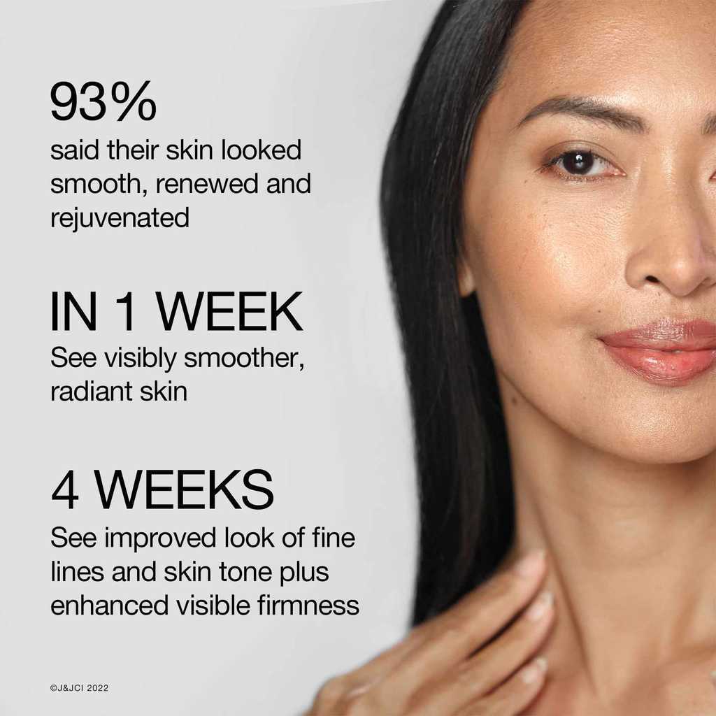 Woman touching her neck with text, '93% said their skin looked smooth, renewed, and rejuvenated'