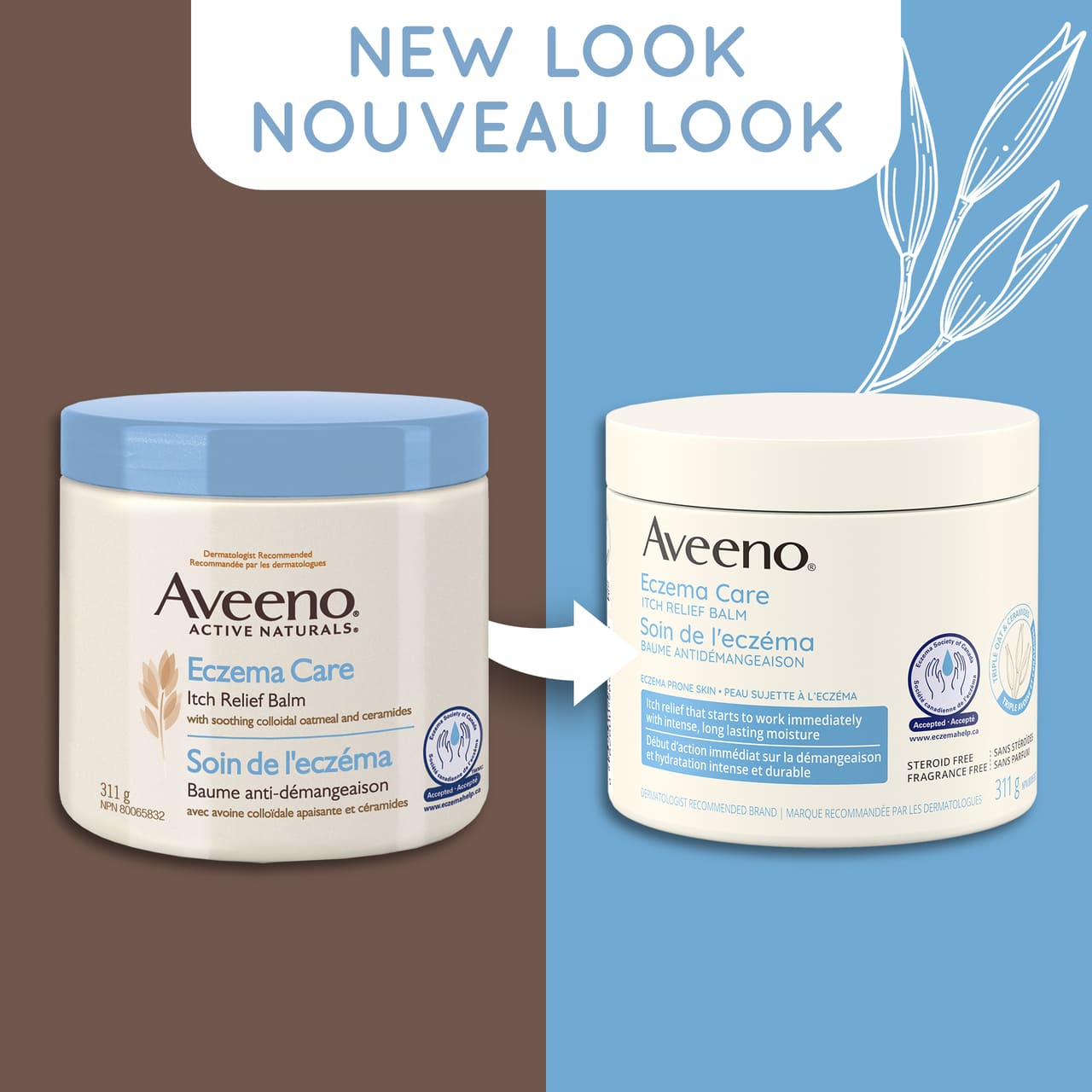 Ancien et nouvel emballage du pot de 311 g du baume antidémangeaison AVEENO® Soin de l'eczéma, avec la mention « Nouveau look »