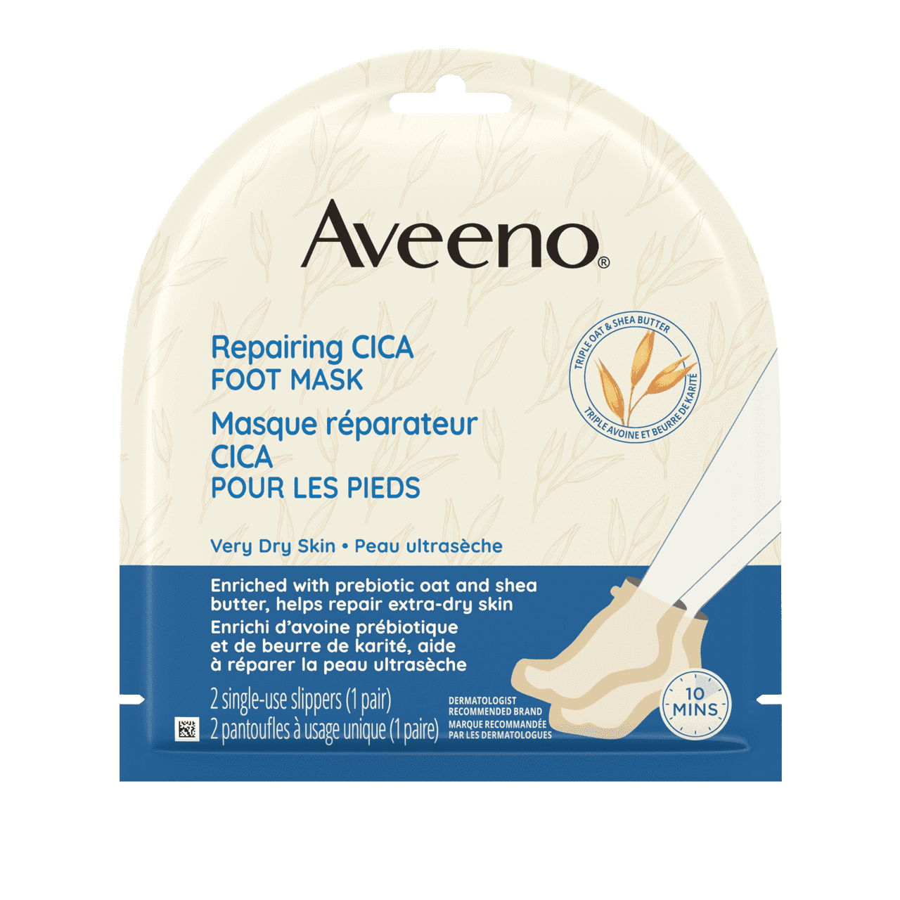 Panneau avant de l'emballage du masque réparateur CICA pour les pieds AVEENO®