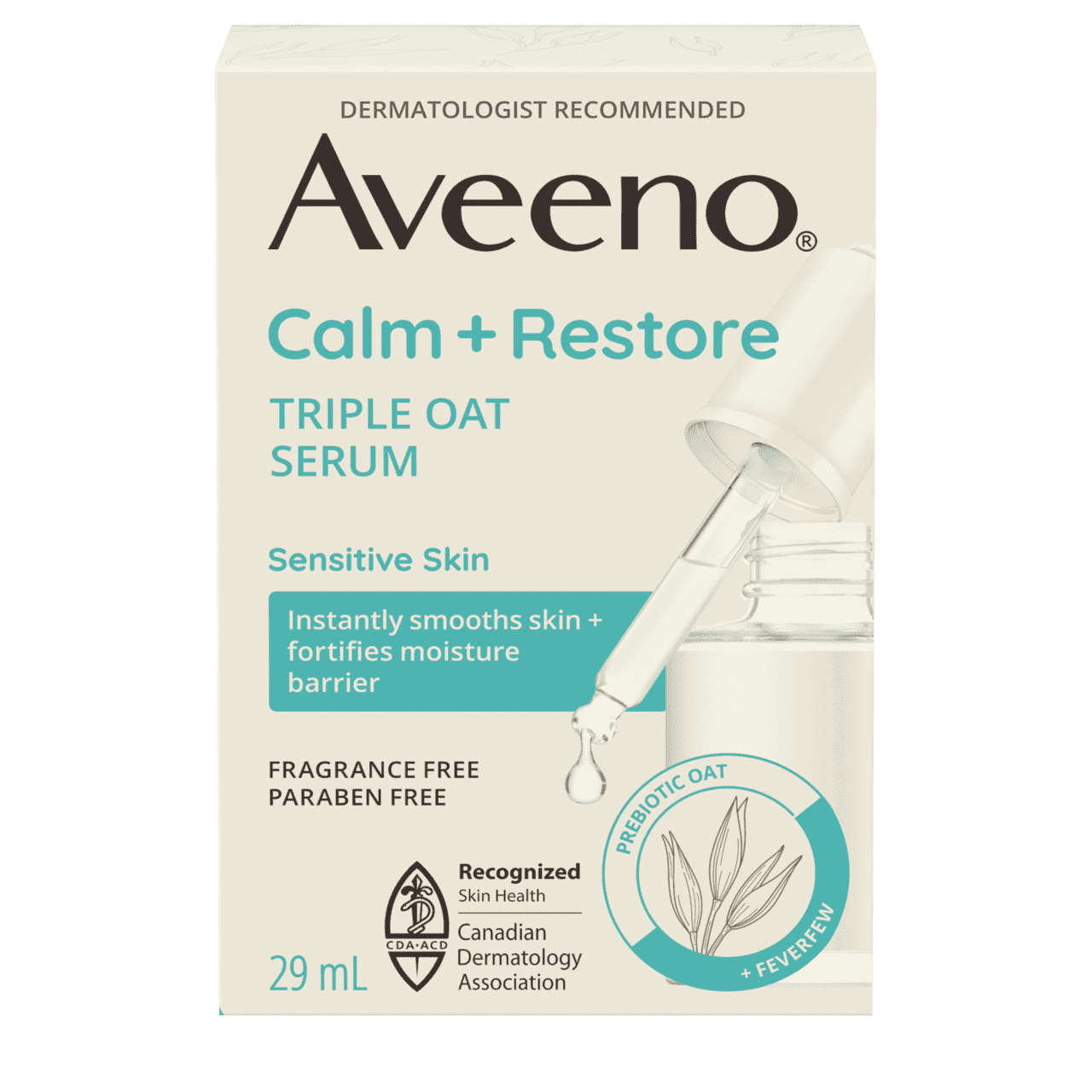 English side of packaging for AVEENO® Calm + Restore Triple Oat Serum