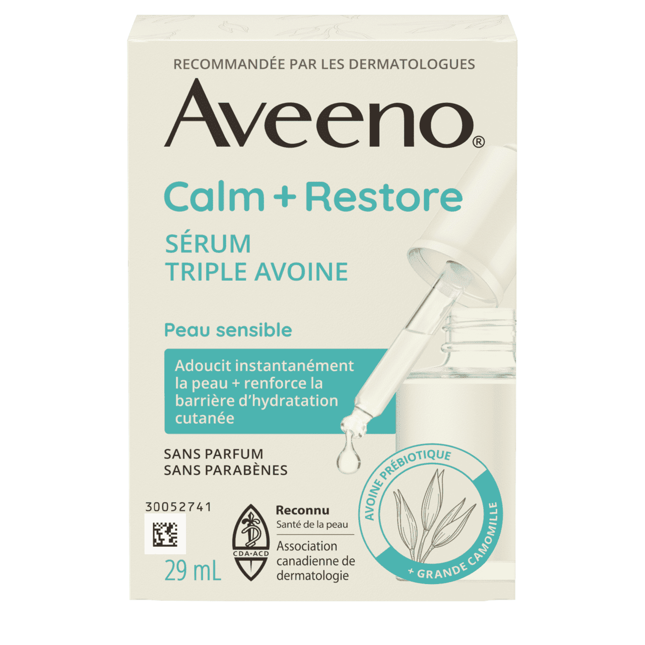 Panneau français de l'emballage du sérum triple avoine AVEENO® Calm + Restore