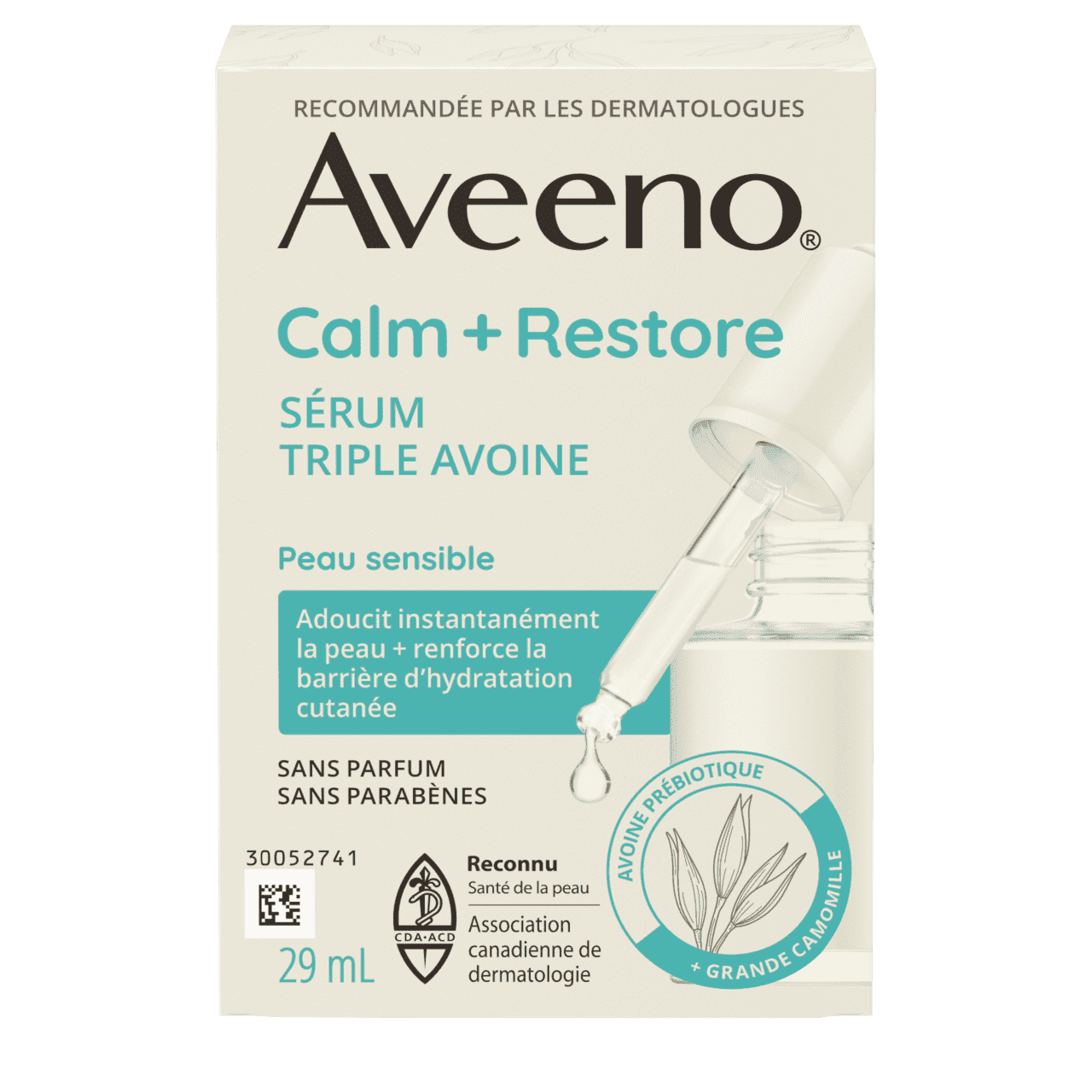 Panneau français de l'emballage du sérum triple avoine AVEENO® Calm + Restore