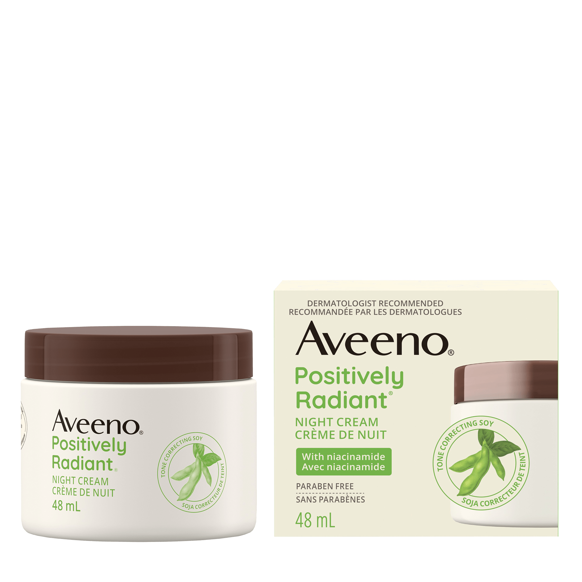 Crème intensive de nuit AVEENO® POSITIVELY RADIANT®, boîte et pot de 48 ml