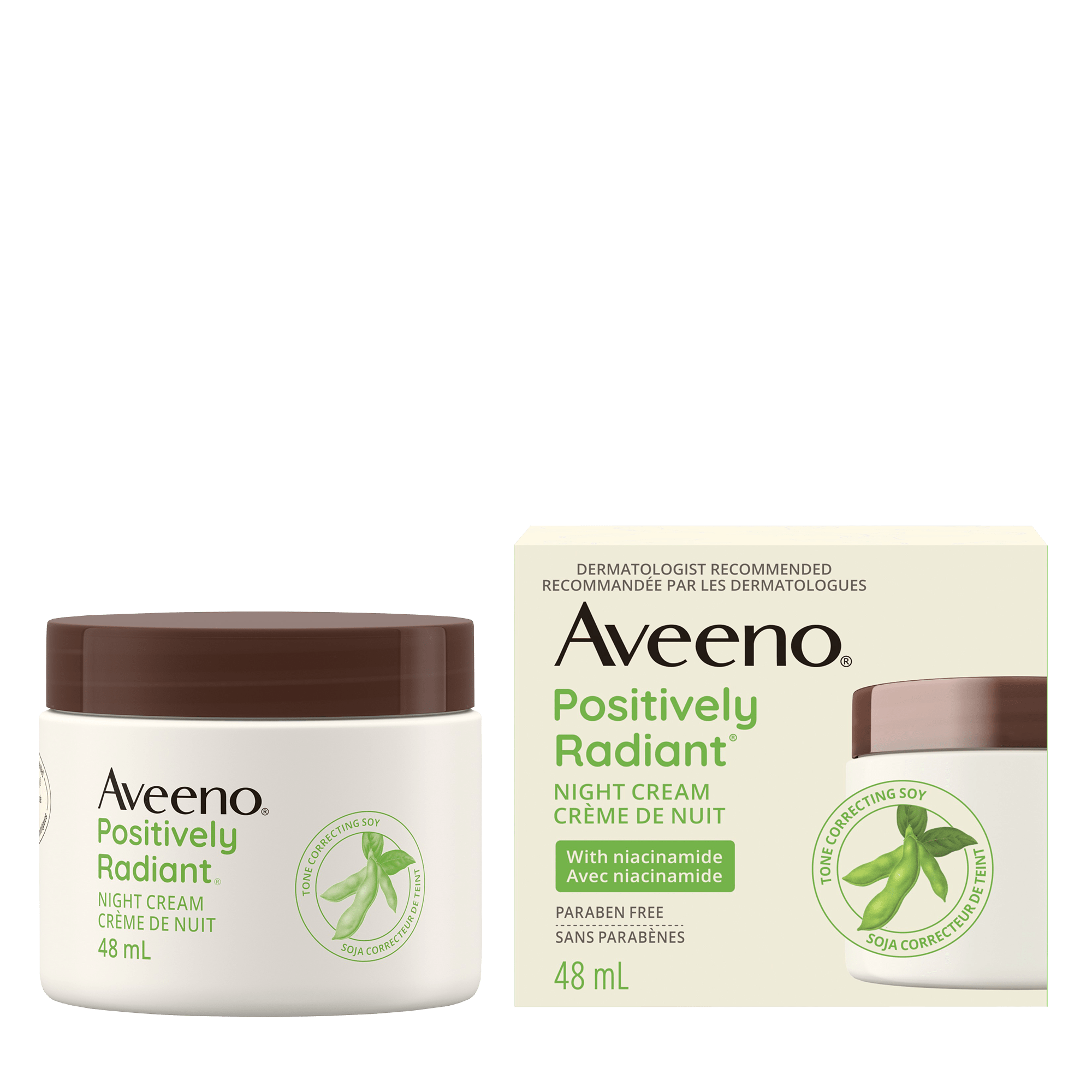 Crème intensive de nuit AVEENO® POSITIVELY RADIANT®, boîte et pot de 48 ml