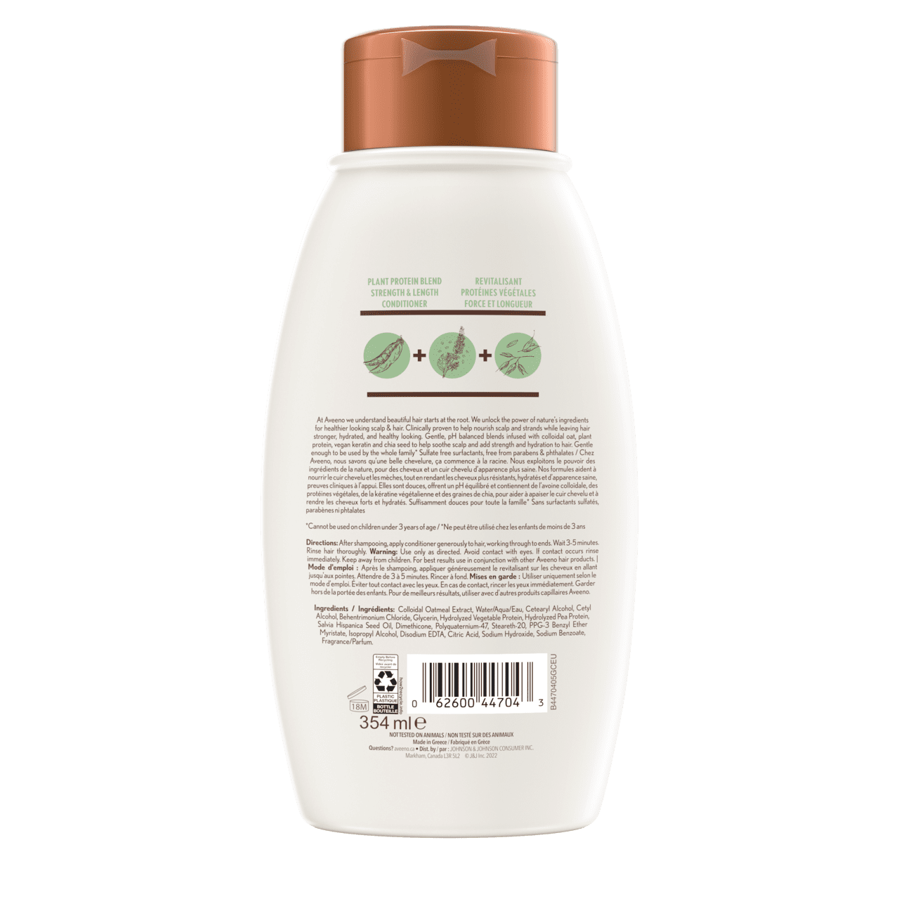 The back shot of AVEENO® Plant Protein Blend Strength & Length Hair Conditioner, squeeze bottle, 354 mL