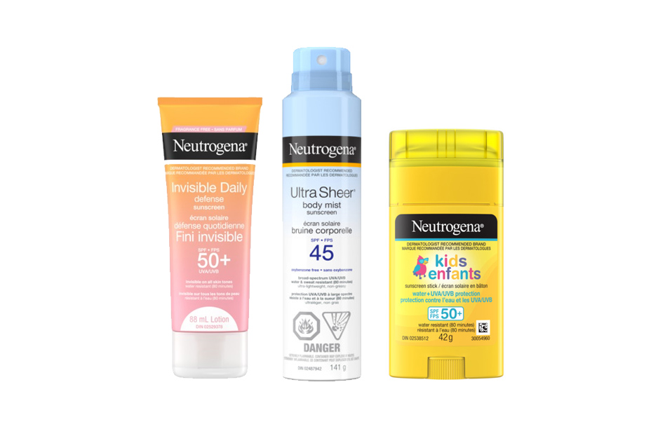 Bannière illustrant l'écran solaire Neutrogena® Défense quotidienne Fini invisible, FPS 50+; l'écran solaire en bruine corporelle Neutrogena® Ultra Sheer® , FPS 60; et l'écran solaire en bâton pour enfants Neutrogena®, FPS 50+.