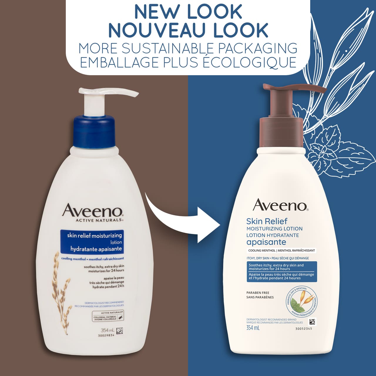 Ancien et nouvel emballage du flacon de 532 ml de la lotion hydratante apaisante AVEENO® au menthol rafraîchissant, avec la mention "nouveau look"