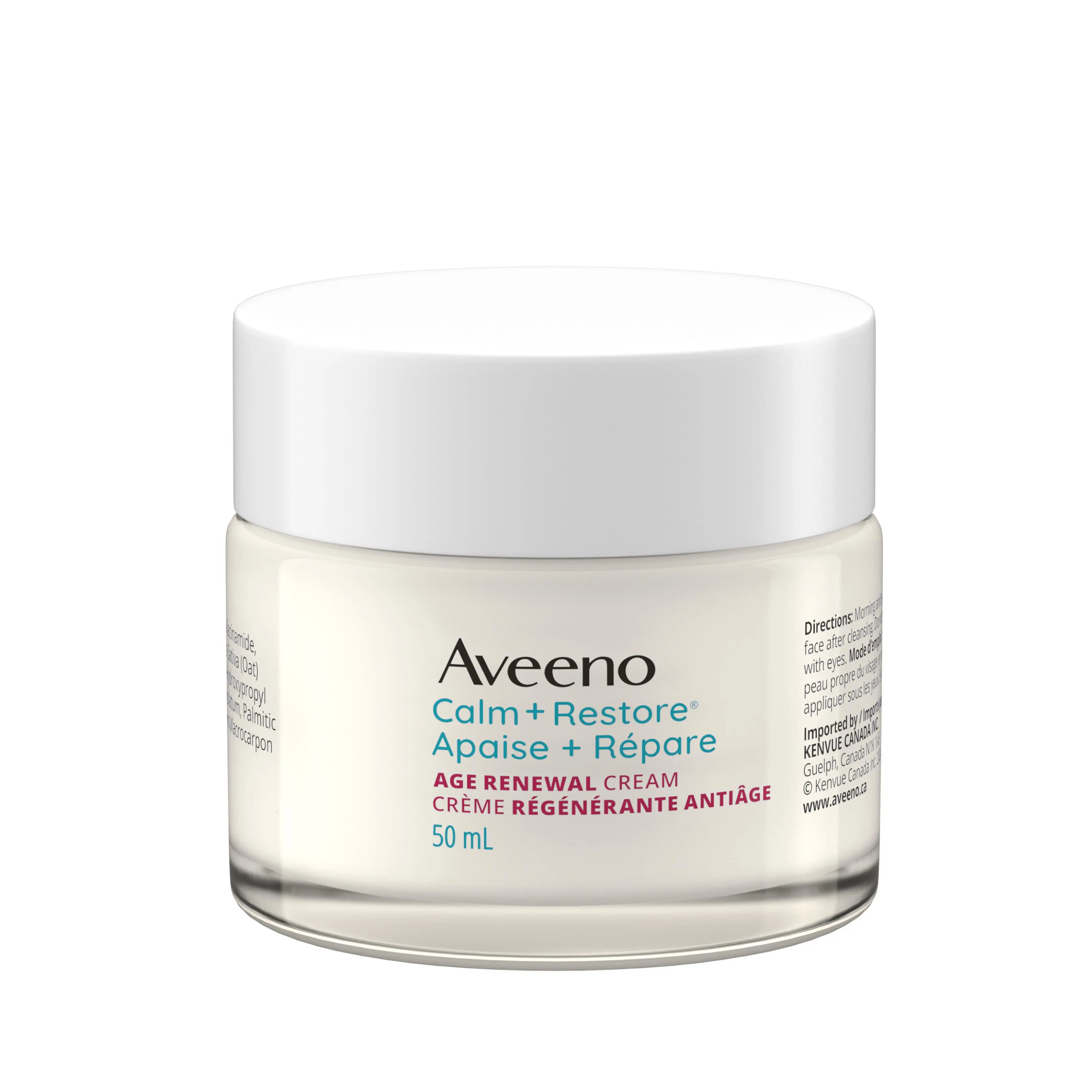 The front shot of AVEENO® Calm + Restore Age Renewal Face Cream jar, 50mL