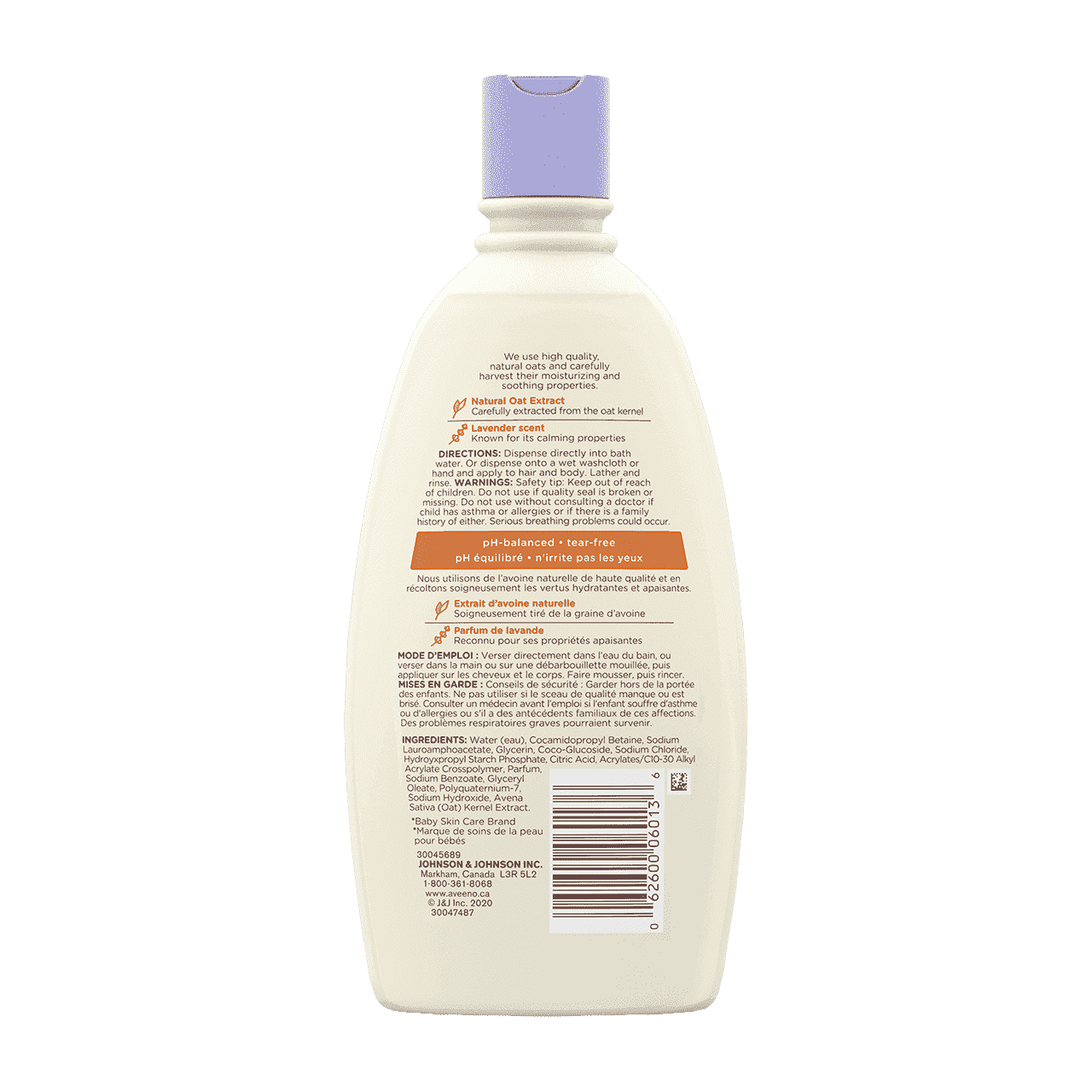 Étiquette arrière du flacon de 532 ml du bain Calme et confort® AVEENO® Baby 