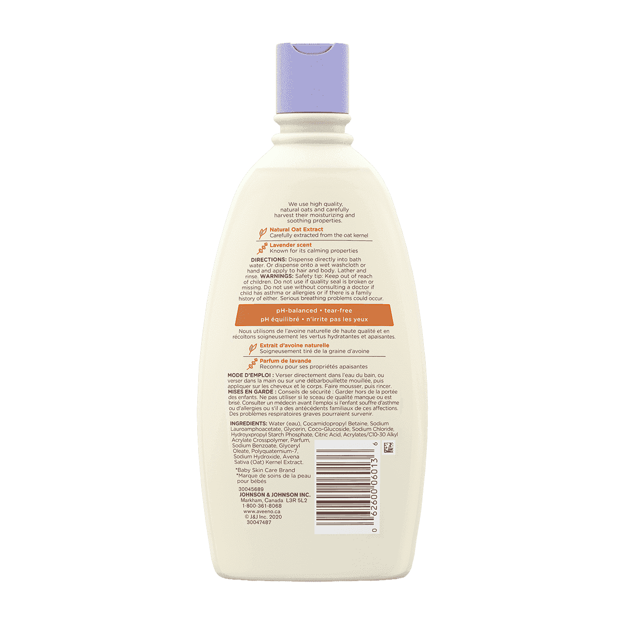 Étiquette arrière du flacon de 532 ml du bain Calme et confort® AVEENO® Baby 