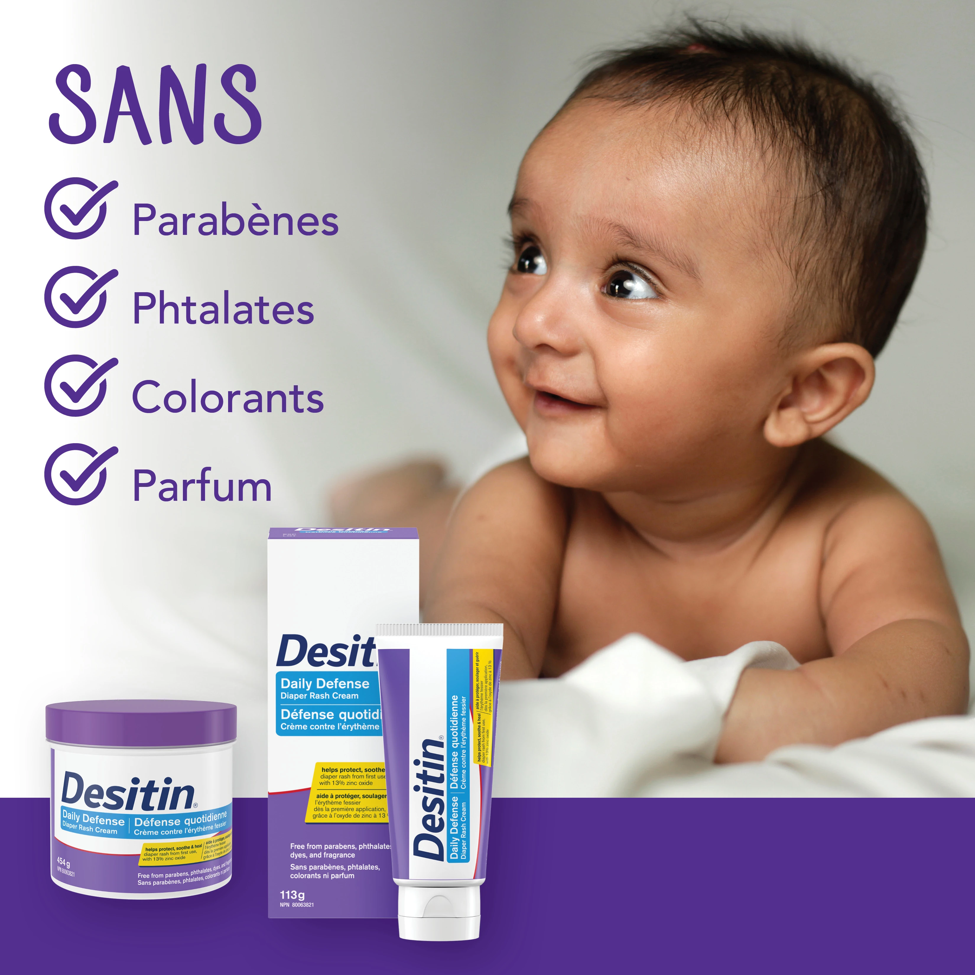 Photo des faits sur le produit de la crème contre l’érythème fessier Défense quotidienne de Desitin® 