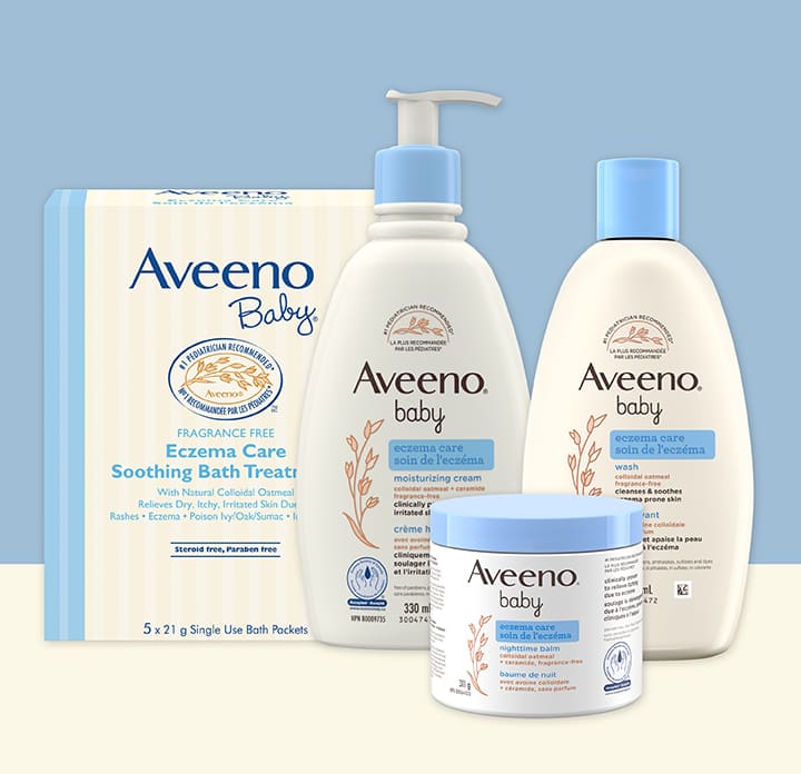 Produits Aveeno® Baby Soin de l’eczéma : Soin nettoyant corporel, baume de nuit, crème hydratante et traitement apaisant pour le bain