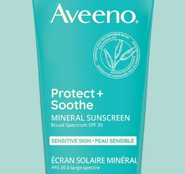 A close up of AVEENO® Protect and Soothe Mineral Sunscreen SPF 30, squeeze tube