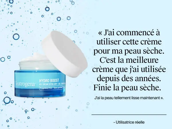 Photo de face du gel-crème Neutrogena Hydro Boost avec le couvercle ouvert, montrant le produit à l’intérieur à côté d’un avis client