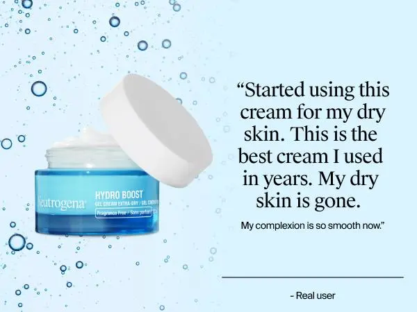 Front shot of Neutrogena Hydro Boost Gel Cream with open lid, showing the product inside next to a customer review