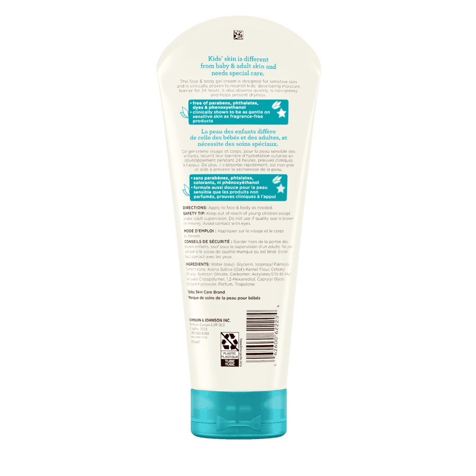 The back shot of AVEENO® Kids Sensitive Skin Face & Body Gel Cream, squeeze tube, 227mL