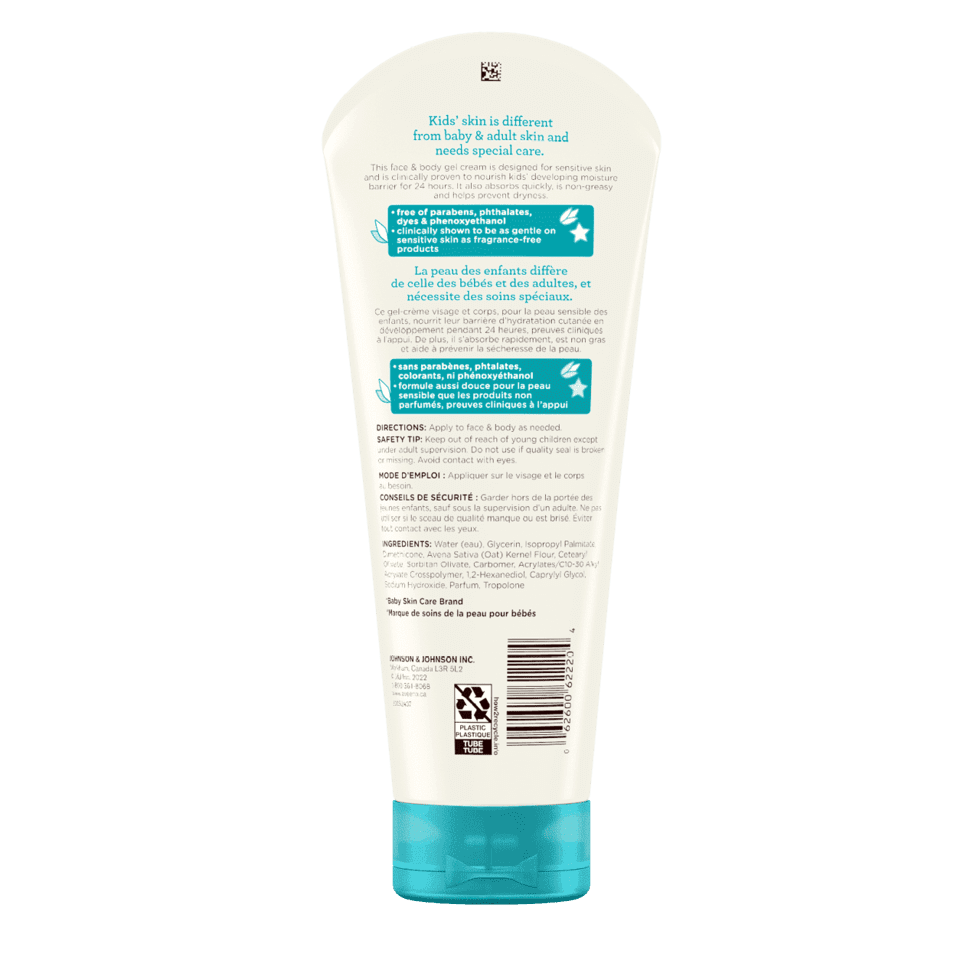 Arrière du tube à presser de 227 ml du gel-crème visage et corps peau sensible AVEENO® Kids